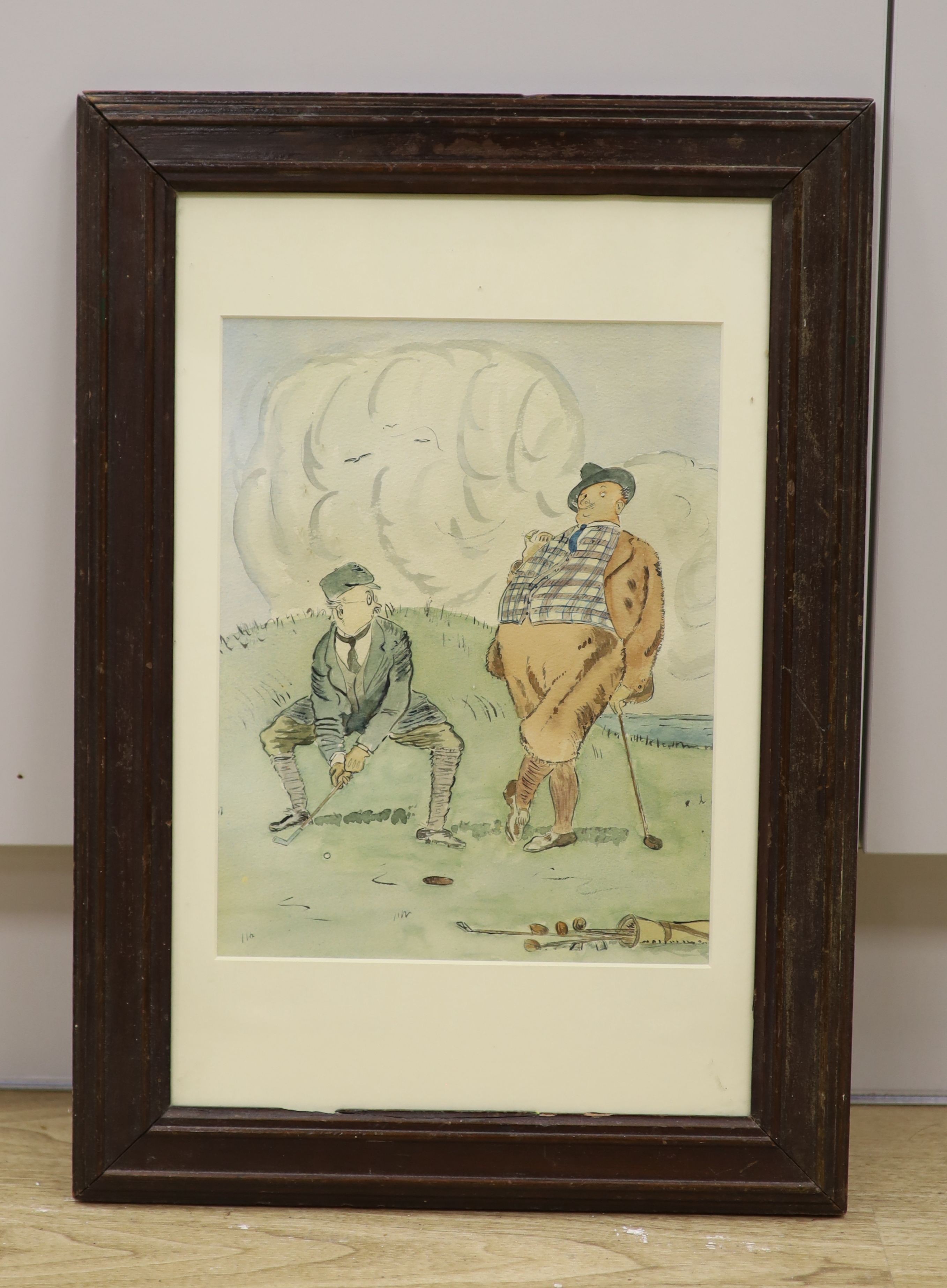 Early 20th century English School, ink and watercolour, Caricature of golfers, 31 x 24cm